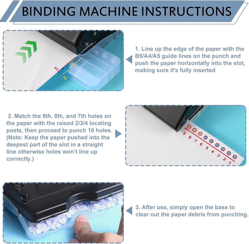 CAETOUNG 10 Hole Punch Binding Machine for Planner, Metal Binder Machine Kit with 10Pcs Plastic Comb Binding Spines & 30Pcs Loose Leaf Binder Rings, Binder Hole Puncher for A4, A5 and B5 Paper - Image 4